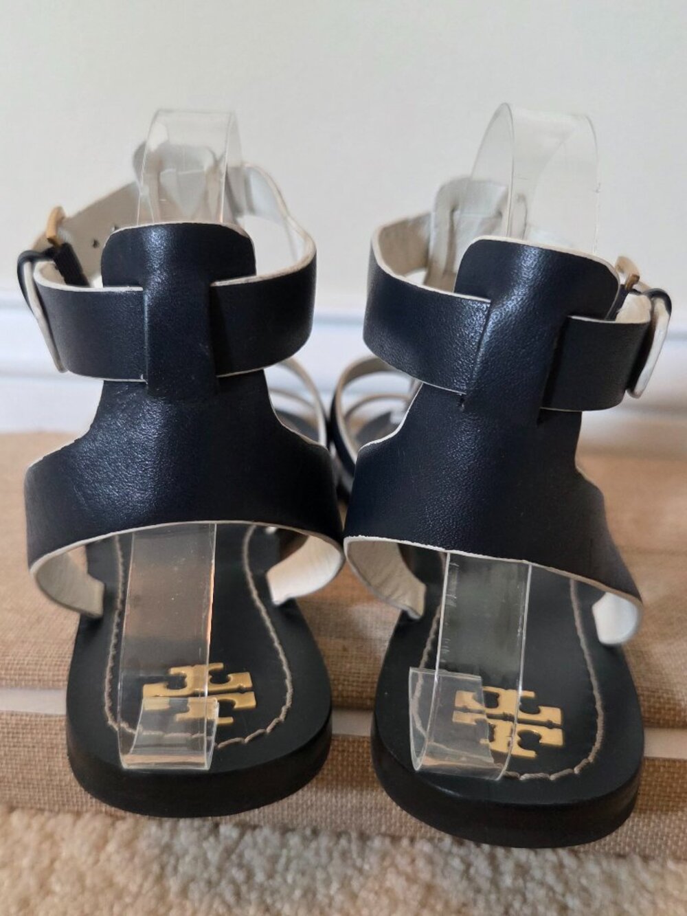Tory Burch Navy White Leather Gladiator Sandals - Picture 5 of 6